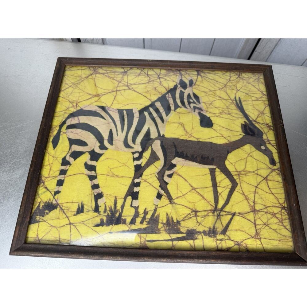 Framed Yellow Batik Tribal Zebra Gazelle African Art Safari Vintage 12.5x10.5in